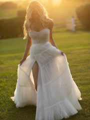 Elegant Tulle A-line Sweep Train Wedding Dresses Off Shoulder With Slit Simple dress Wholesale