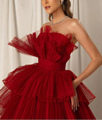 Burgundy Strapless Mermaid Sleeveless Layers Evening Dress Off Shoulder Prom Dress Wholesale