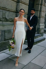 Aimishang Simple Strapless Sleeveless Satin Sheath Wedding Dress With Slit Elegant Party Dresses