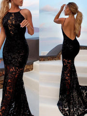 Elegant Illusion Halter Lace Black Mermaid Backless Prom Dresses With Sweep Train Sexy Evening Dress Wholesale