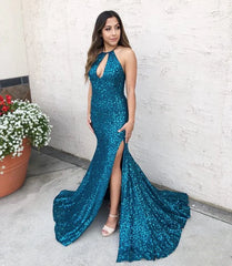 Blue Sequins Mermaid Long Party Dress with Slit Sparkly Evening Dress Formal Dress Wholesale