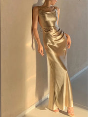 Elegant Gold Satin Backless Mermaid Long Prom Dress Formal Party Dress Evening Dress Wholesale