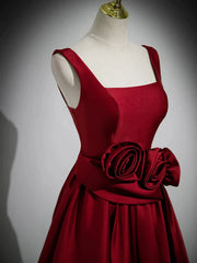 Wholesale A Line Straps Burgundy Satin Long Prom Dress with Flower Charming Evening Party Dress