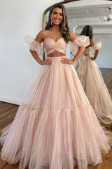 Sweet A-Line Sweetheart Long Tulle Prom Dress With Detachable Sleeves Solid Color