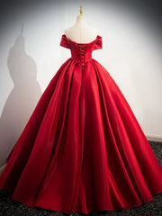A-Line Off Shoulder Satin Red Ballgown Long Prom Dress Evening Dress Floor Length