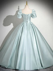 A-Line Sweetheart Neck Puff Sleeves Satin Quinceanera Dress Blue Long Prom Dress Elegant Evening Dress