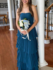 Aimishang Strapless Pink Chiffon Pleated Tiered Maxi Dress Long Prom Dress Charming Evening Party Dress
