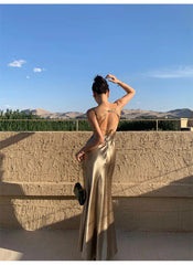 Elegant Gold Satin Backless Mermaid Long Prom Dress Formal Party Dress Evening Dress Wholesale
