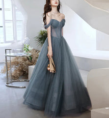 Beautiful Grey Tulle Off Shoulder Long Prom Party Dress Evening Dress A Line Prom Dress Formal Dress Wholesale