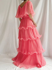 Watermelon Red Chiffon A-Line Tiered Elegant Long Party Dress Charming Wholesale