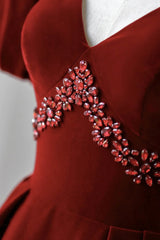 Wholesale Burgundy A Line Puff Sleeves Velvet Long Prom Dress Evening Dress Elegant