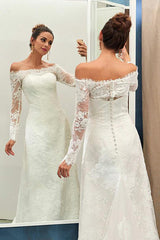 Sheath/Column Off-the-shoulder Full/Long Sleeves Lace Appliques Bridal Wedding Dresses