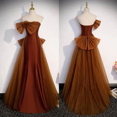 Mermaid Brown Tulle Satin Strapless Long Party Dress Formal Dress Prom Dress With Bow(s)