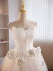 Wholesale Strapless 3D Flower White Tulle Satin Short Prom Dress Homecoming Dress