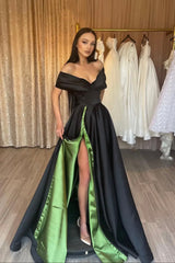 Black Satin High Split Prom Dress, Off the Shoulder Evening Dress