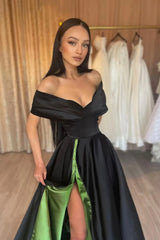 Black Satin High Split Prom Dress, Off the Shoulder Evening Dress