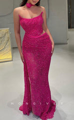 L1394 - Sexy Fitted Glitter Square Strapless Ruched With Side Slit Party Prom Evening Dress