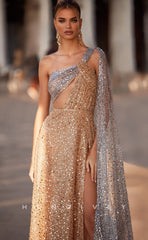 L0919 - Paillettes paillettes asymétrique dos nu avec fente haute et traîne en tulle lambrissée robe de soirée de bal
