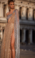 L0919 - Paillettes paillettes asymétrique dos nu avec fente haute et traîne en tulle lambrissée robe de soirée de bal