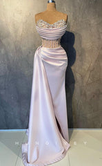 L2343 - Sexy Satin Fitted V-Neck Strapless Illusion Empire Beaded Pleats With Side Slit Party Prom Evening Dress