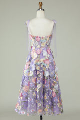 Purple A-Line Corset Purple Knee-Length Prom Dress With 3D Flowers