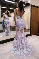 V Neck Mermaid Sequin Lace Long Prom Dresses Sexy Evening Dress With Flowers