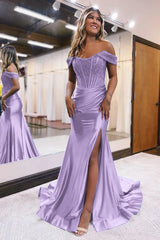 Mermaid Off The Shoulder Court Long Prom Dress With Split Charming Evening Dress