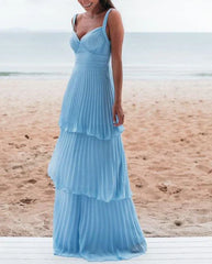 Blue Straps A-Line Layers Elegant Long Party Dress Charming Evening Dress Formal Dress Wholesale