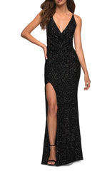 Noble sequin thin shoulder strap sleeveless off shoulder and floor length front slit evening dress