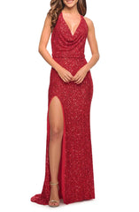 Noble sequin thin shoulder strap sleeveless off shoulder and floor length front slit evening dress