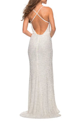 Noble sequin thin shoulder strap sleeveless off shoulder and floor length front slit evening dress
