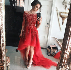 Lace Beaded Tulle Front Short Long Back Prom Dress With Sleeves