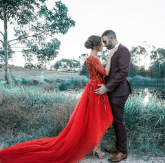 Lace Beaded Tulle Front Short Long Back Prom Dress With Sleeves