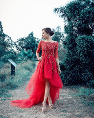 Lace Beaded Tulle Front Short Long Back Prom Dress With Sleeves