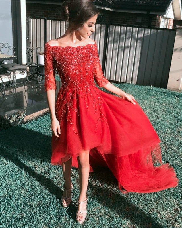 Lace Beaded Tulle Front Short Long Back Prom Dress With Sleeves