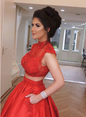 Lace Crop High Neck Prom Dresses Two Piece Ball Gowns With Pocket