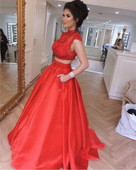 Lace Crop High Neck Prom Dresses Two Piece Ball Gowns With Pocket