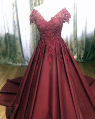 Lace Flowers Beaded Cap Sleeves Satin Prom Dresses Ball Gown