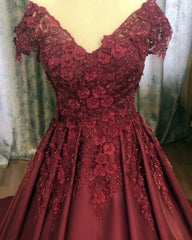 Lace Flowers Beaded Cap Sleeves Satin Prom Dresses Ball Gown