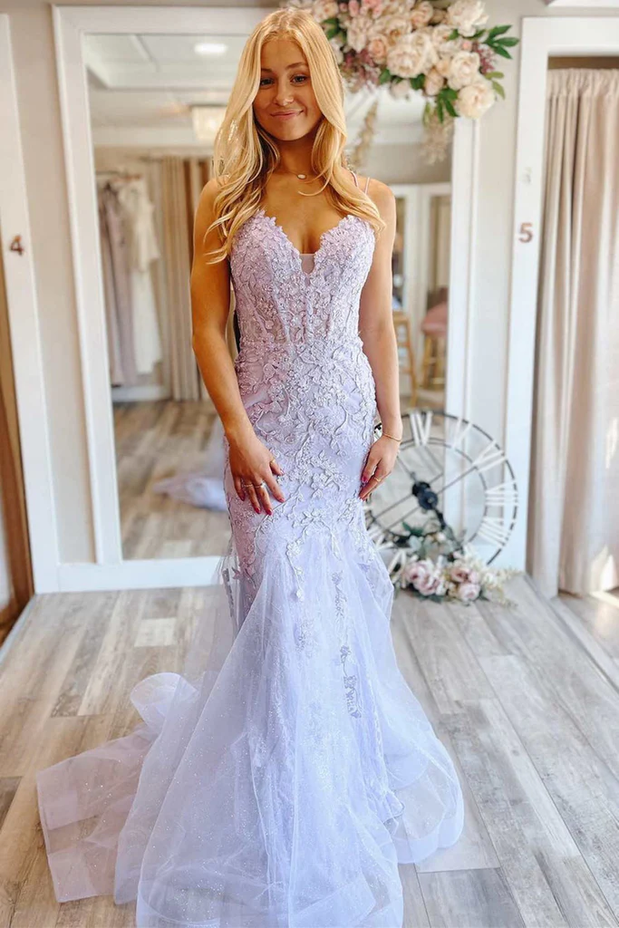 2024 Lace Long Lavender Prom Dress Floral V Neck Mermaid Purple Evening Dress