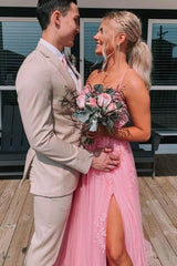 2024 Lace Pink Evening Dresses Tulle Backless Long Formal Dresses with High Slit