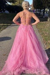 2024 Lace Pink Evening Dresses Tulle Backless Long Formal Dresses with High Slit