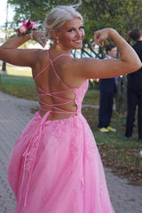 2024 Lace Pink Evening Dresses Tulle Backless Long Formal Dresses with High Slit