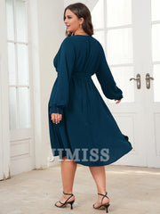 Plus size evening dress mid length dress winter long sleeved wrap V-neck belt A-line flowing party dress
