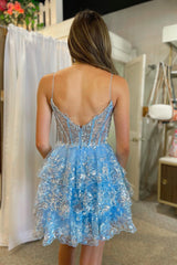 2024 Lavender Short Prom Dress Sequined Multi-Layers Tulle Homecoming Dress