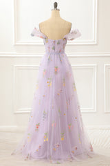 A Line Tulle Off Shoulder Lavender Prom Dress With Embroidered Flowers