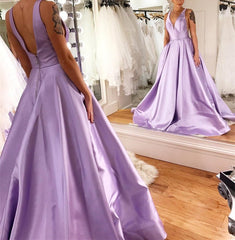 Light Blue Long Satin V-neck Dresses