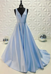 Light Blue Long Satin V-neck Dresses