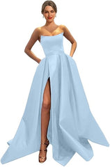 Womens Long Strapless Satin Prom Dress Sleeveless Slit Evening Ball Gown Off Shoulder Party Dress Wholesale