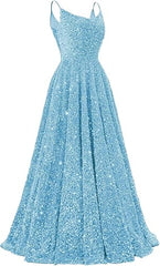 Spaghetti Straps Prom Dresses Sequin Long Formal Ball Gowns Sparkly A-Line Evening Party Gown Wholesale
